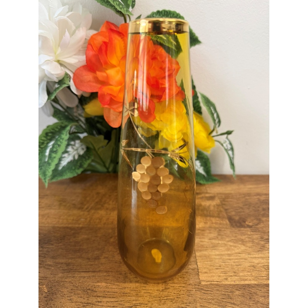 Vintage Enesco Amber Glass Vase Gold Rim Grapevine Design Japan MCM Home Decor